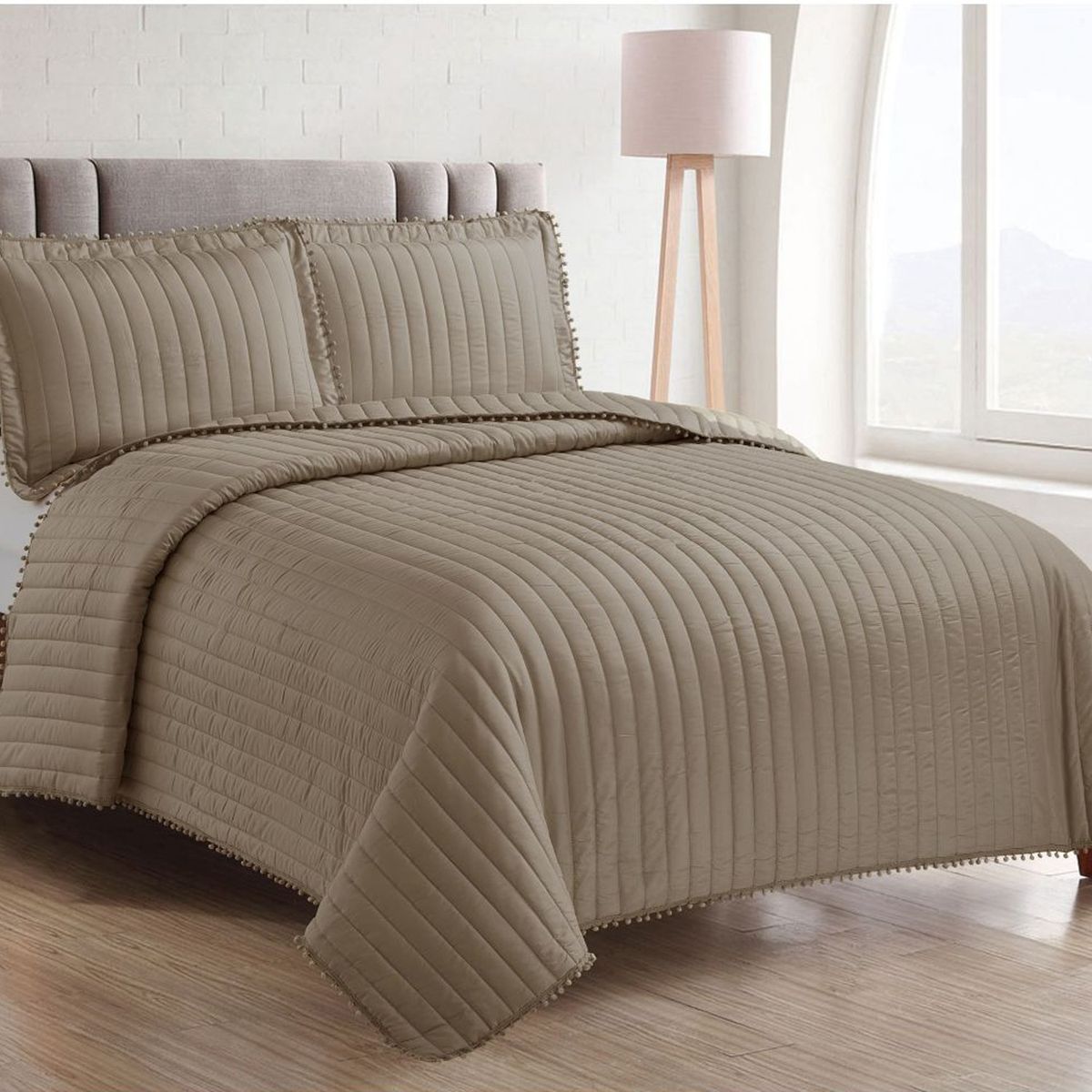 ANDES - QUILT ANDES POM POM TAUPE 2 PLAZAS