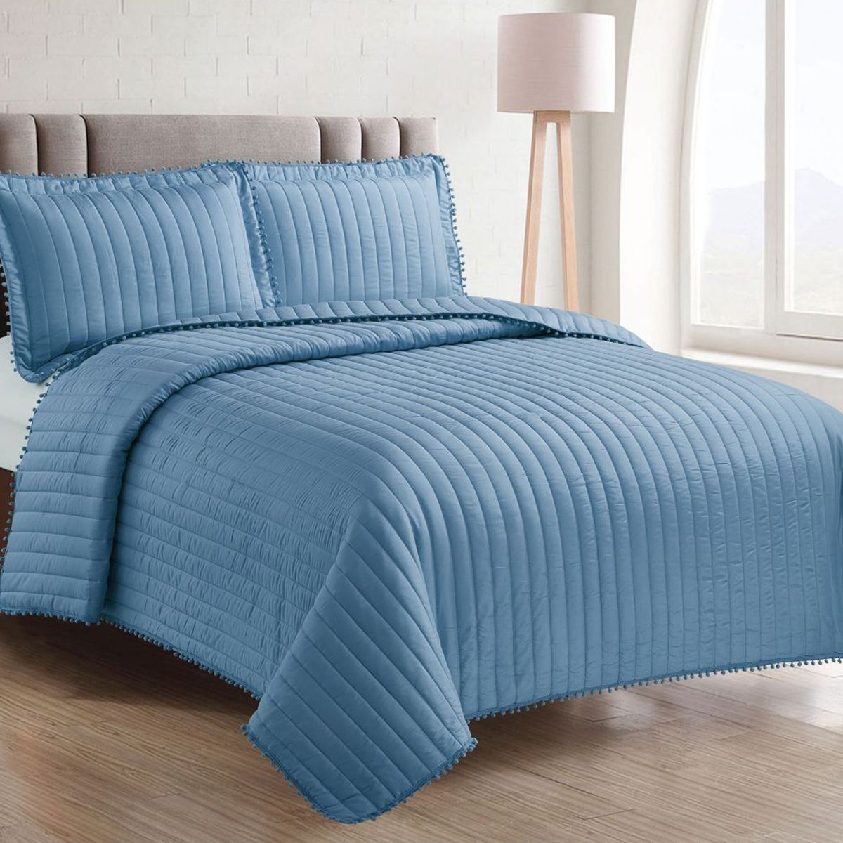 ANDES - QUILT ANDES POM POM AZUL 1.5 PLAZAS