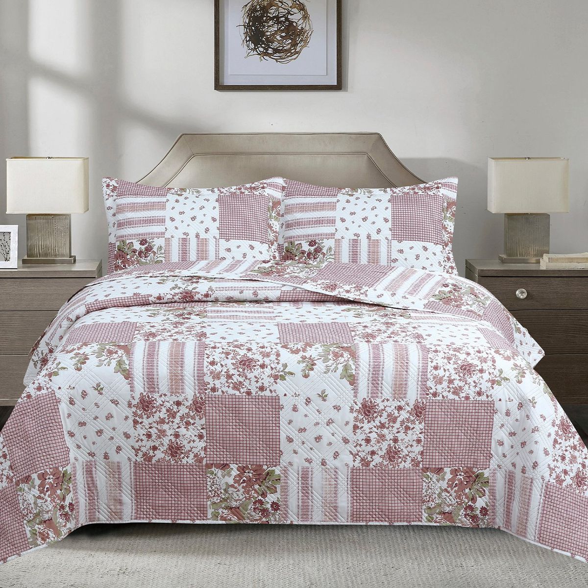 ANDES - QUILT ANDES ESTAMPADO PATCHWORK ROSADO 1.5 PLAZAS