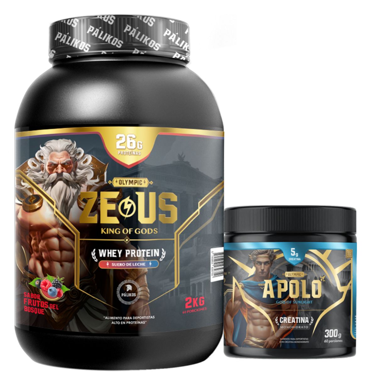 PALIKOS FITNESS - Pack Guerrero-1 Whey Protein Zeus 2 kg Frutos + Creatina apolo 300 g