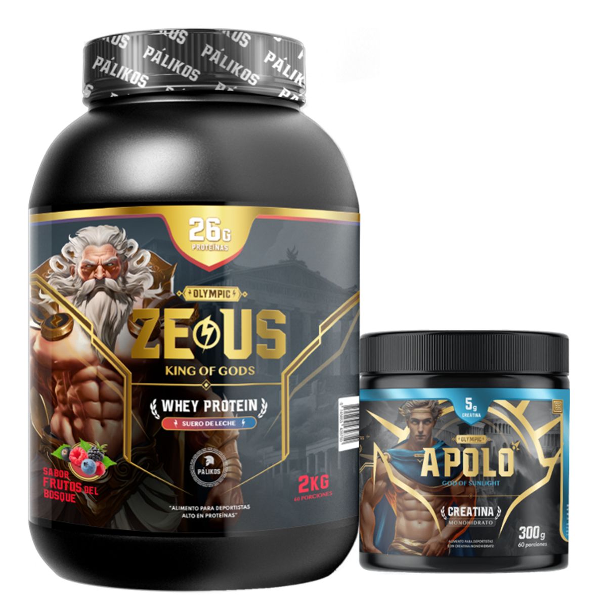PALIKOS FITNESS - Pack Guerrero-1 Whey Protein Zeus 2 kg Frutos + Creatina apolo 300 g