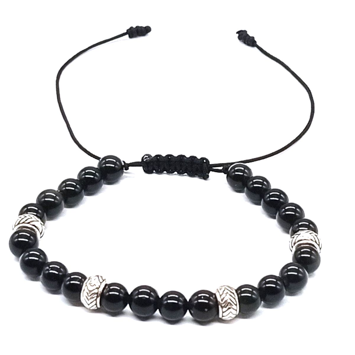 GENERICO - Pulsera Obsidiana Negra y Plata Ajustable