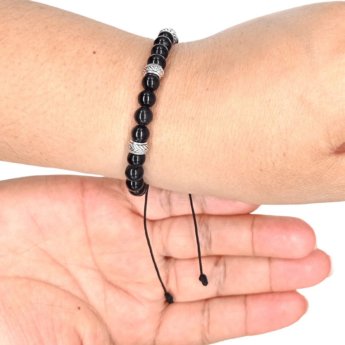 GENERICO - Pulsera Obsidiana Negra y Plata Ajustable