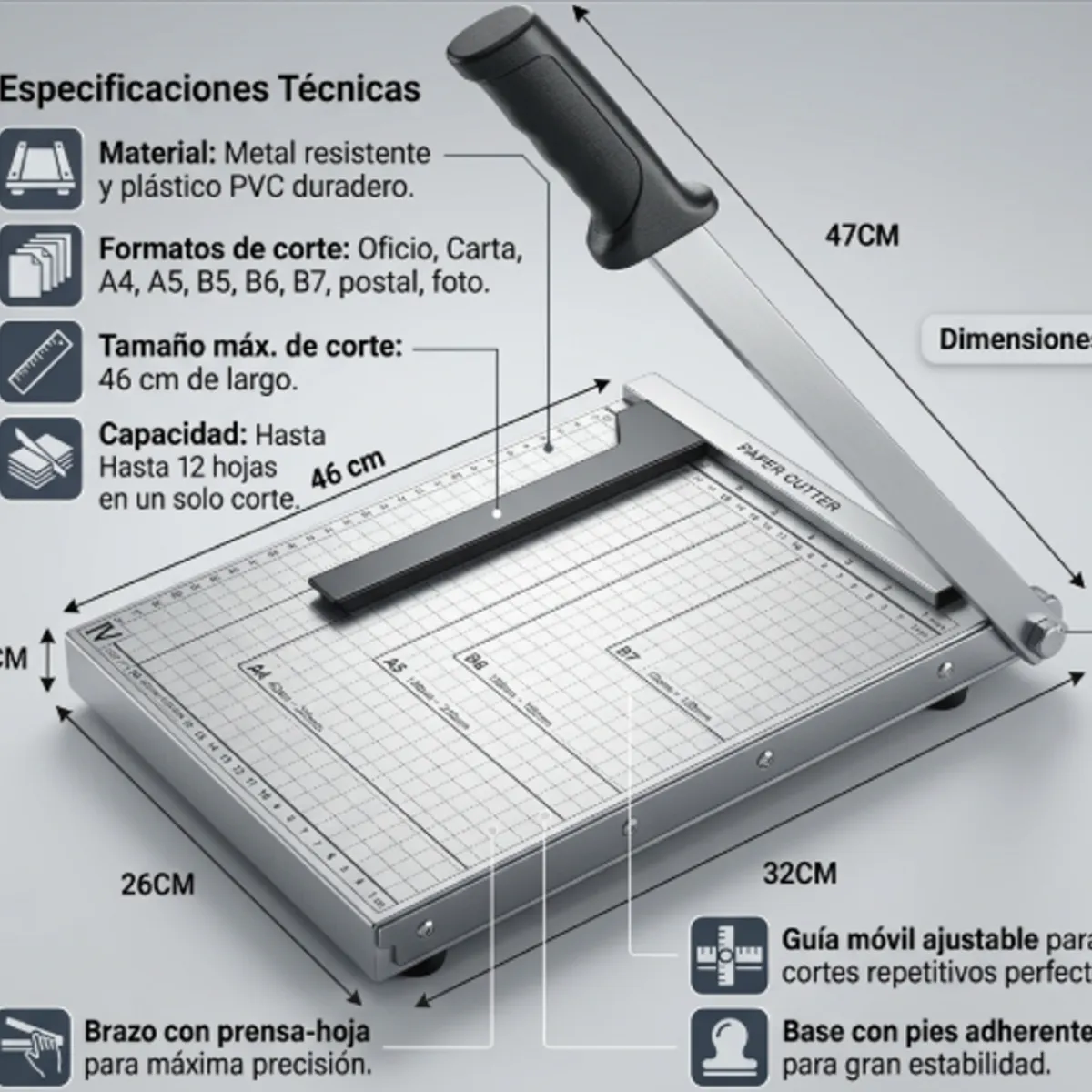 GENERICO - Guillotina Papel A4 828-4 Acero Carbono 12 Hojas Base Metal Seguridad Oficina Hogar Escuela