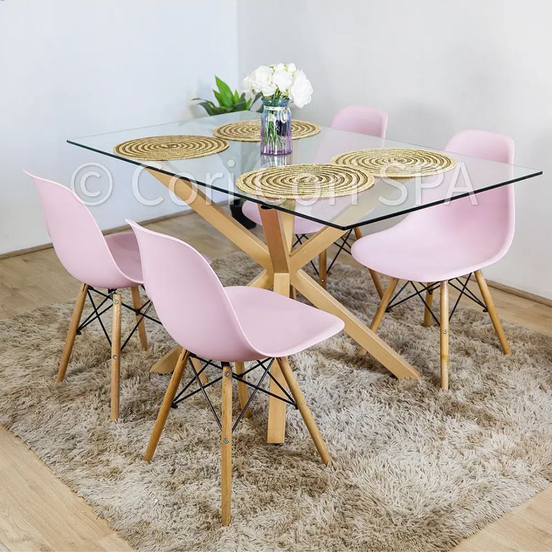 GENERICO - Comedor Madrid Vidrio 140x80cm + 4 Sillas Eames Rosa