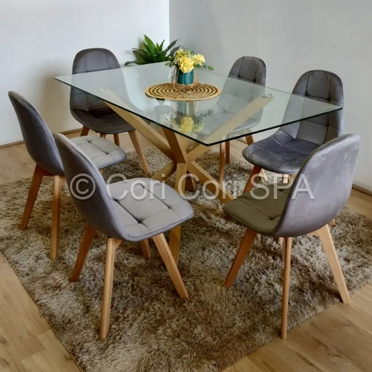 CORI CORI - Juego de Comedor Madrid 140x80cm + 6 Sillas Capitonne Velvet Grises