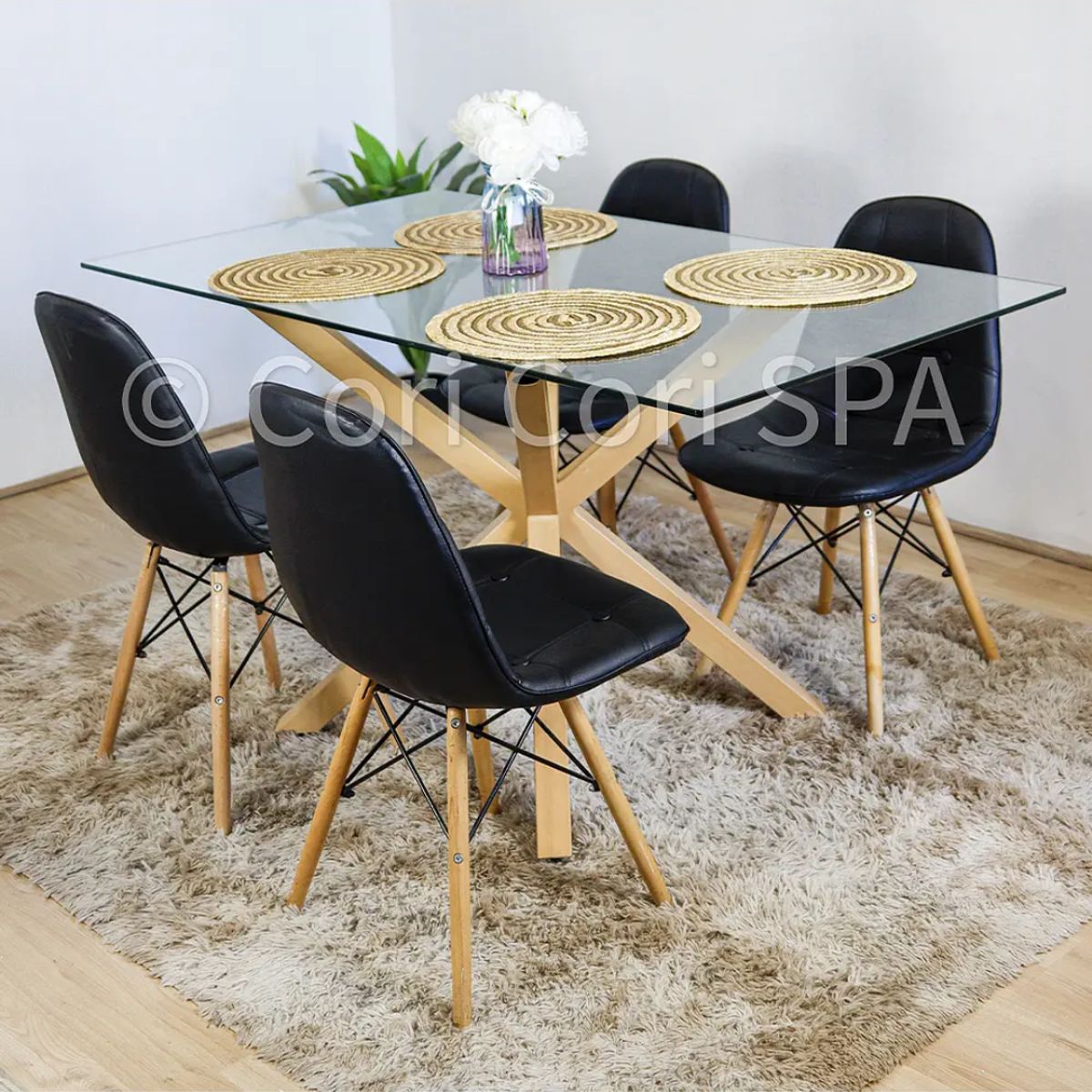 CORI CORI - Juego de Comedor Madrid Vidrio 140x80cm + 4 Sillas Capitonne Negras