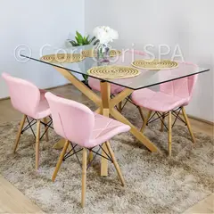 CORI CORI - Comedor Madrid Vidrio 140x80cm + 4 Sillas Mariposa Eames Rosa