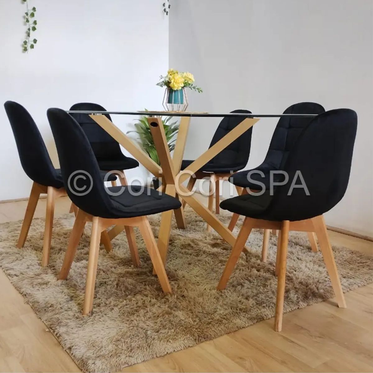 CORI CORI - Comedor Madrid Vidrio 140x80cm + 6 Sillas Capitonne Velvet Negras