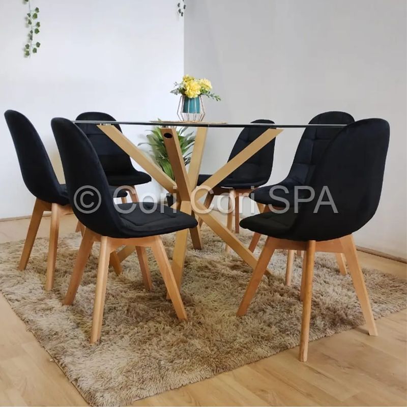 GENERICO - Comedor Madrid Vidrio 140x80cm + 6 Sillas Capitonne Velvet Negras