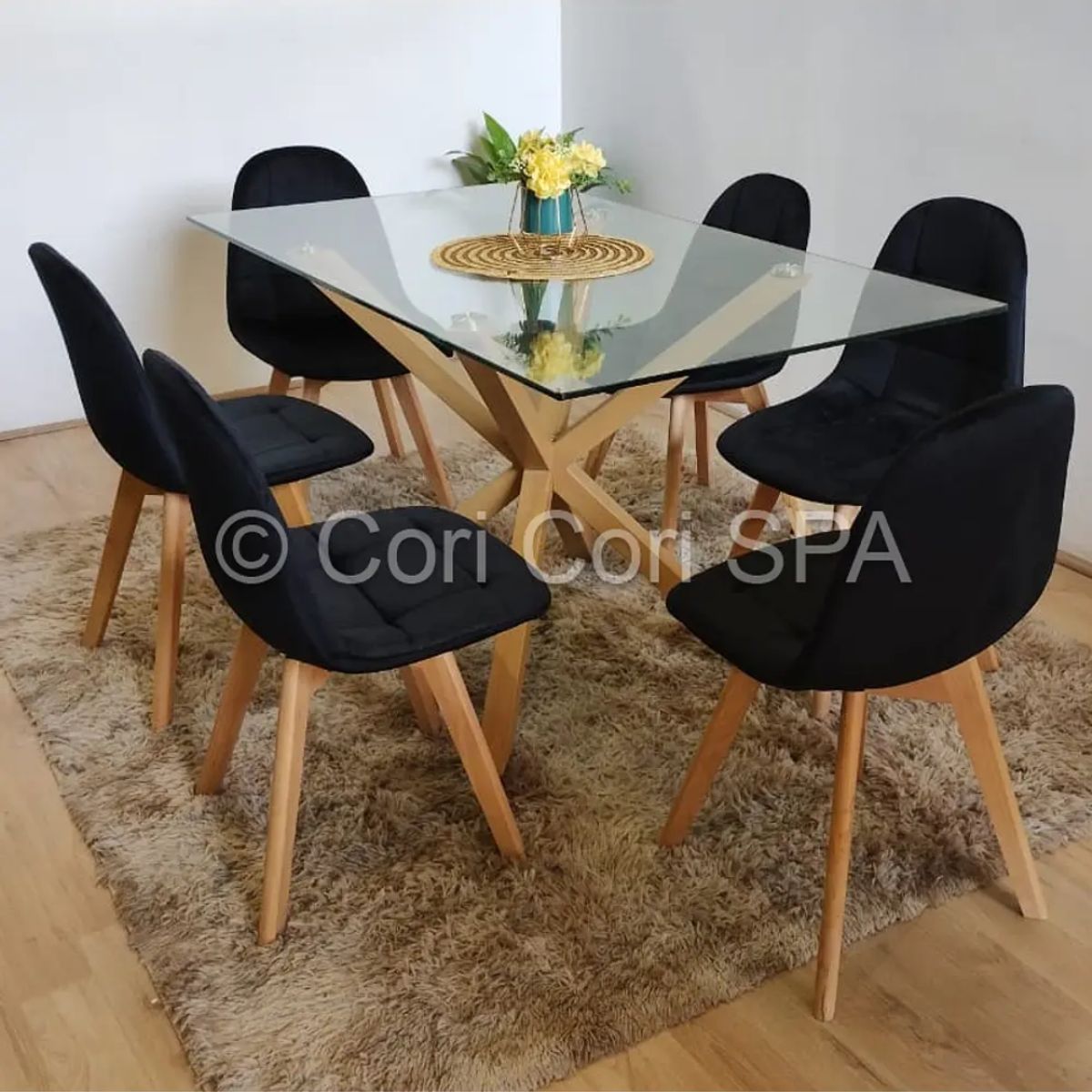 CORI CORI - Comedor Madrid Vidrio 140x80cm + 6 Sillas Capitonne Velvet Negras
