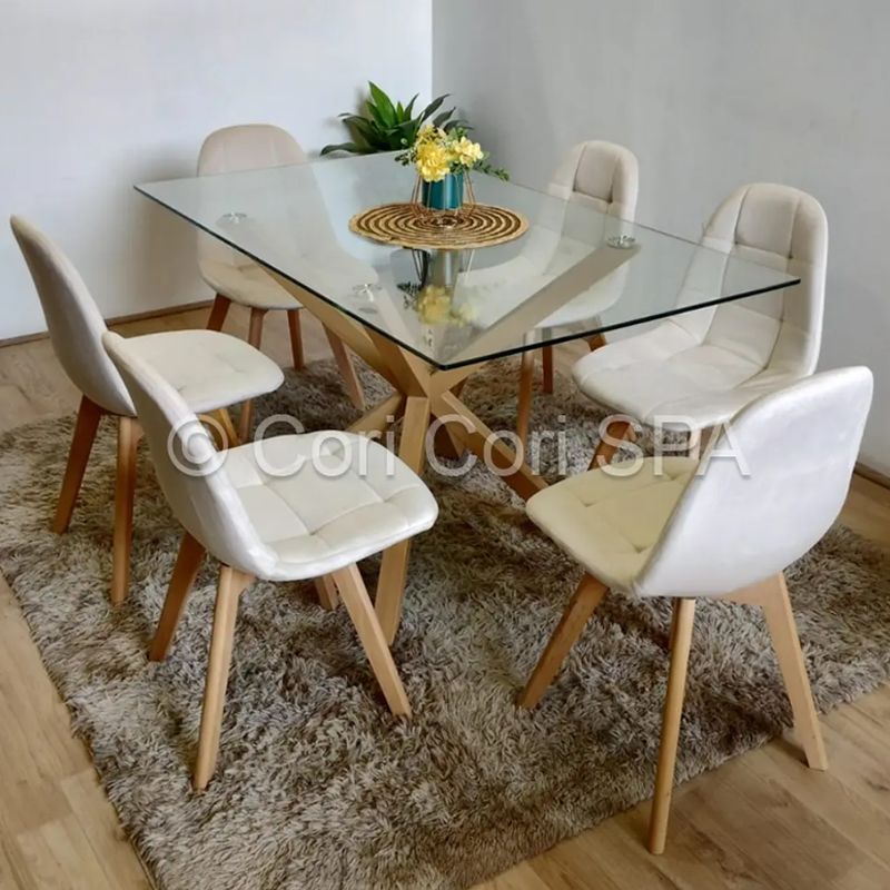 CORI CORI - Comedor Madrid Vidrio 140x80cm + 6 Sillas Capitonne Velvet Beige