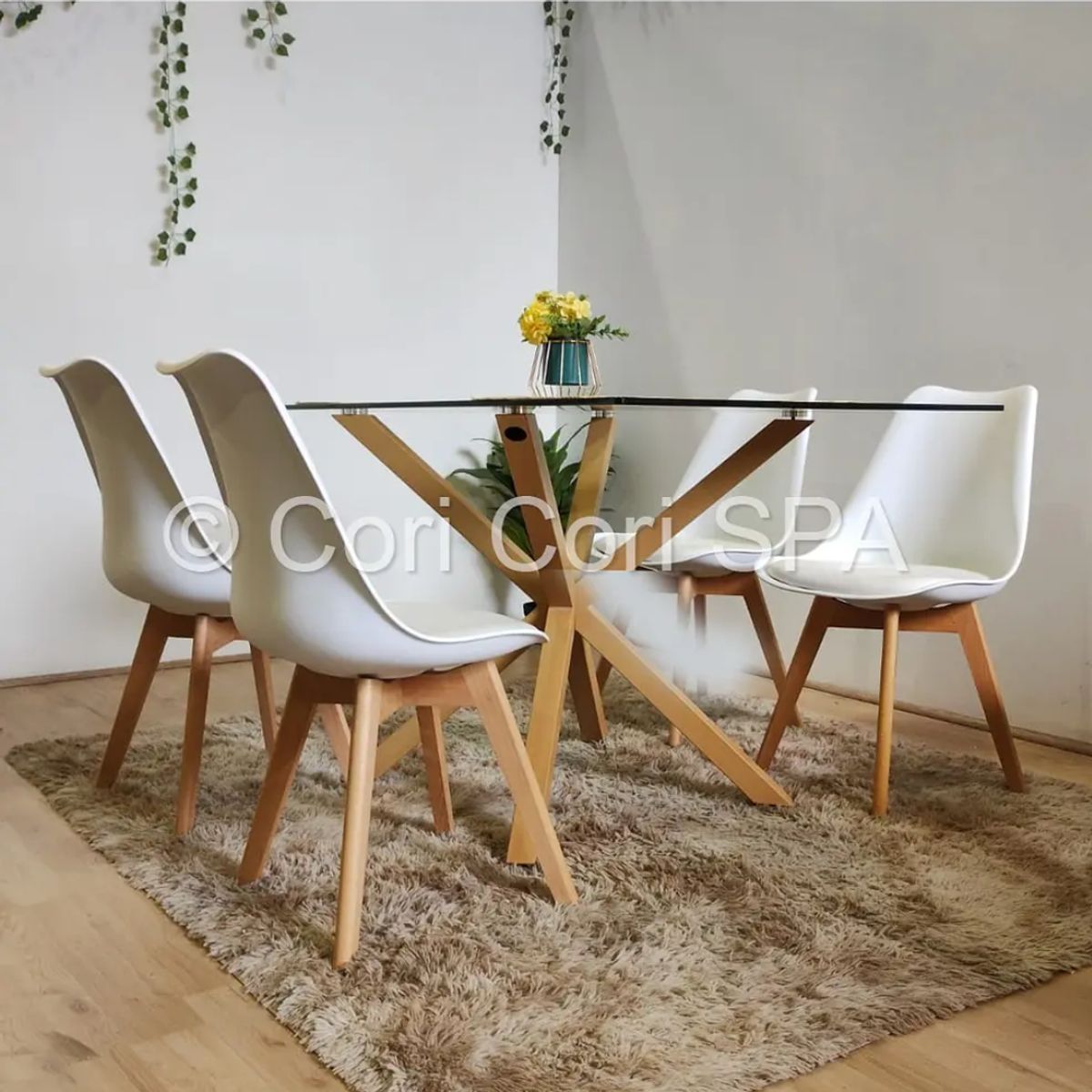 CORI CORI - Comedor Madrid Vidrio 140x80cm + 4 Sillas Tulip Blancas