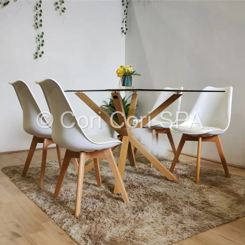 CORI CORI - Comedor Madrid Vidrio 140x80cm + 4 Sillas Tulip Blancas