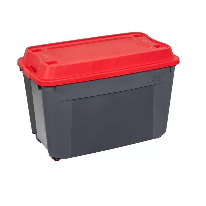 REYPLAST - Caja Móvil Con Ruedas Reforzada 210 Litros Negro Tapa Roja