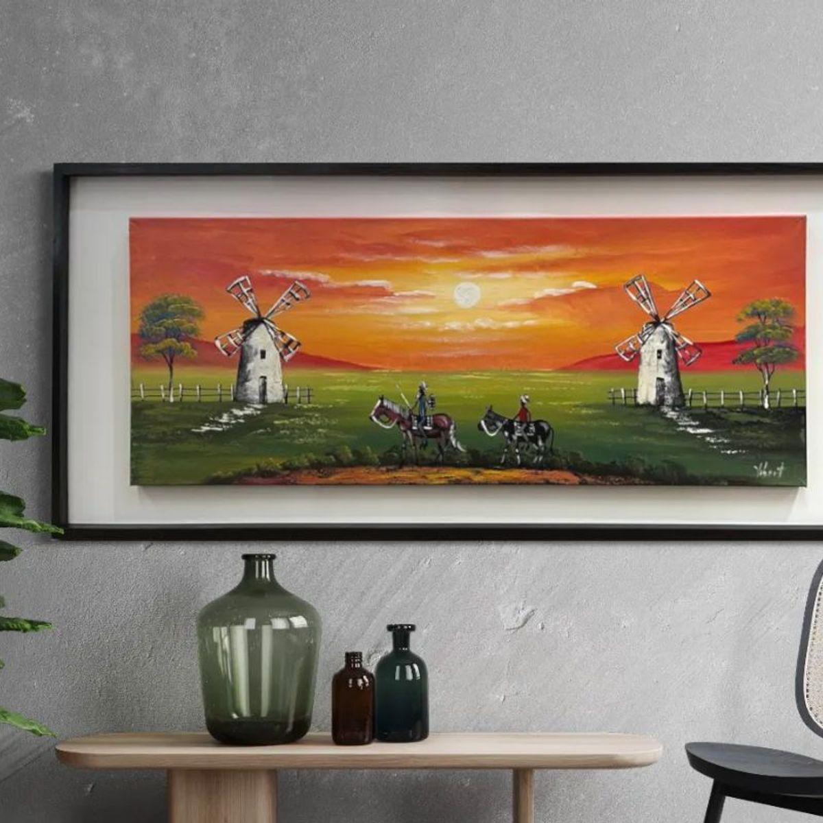 DEKAM DISEÑO - Cuadro Quijote Pintado Decorativo Naranja 127x57 Cms