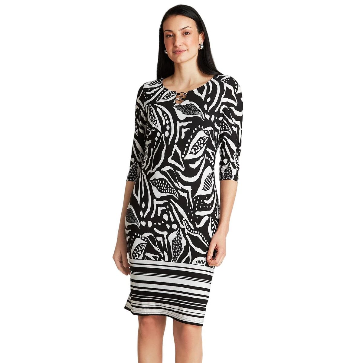 LORENZO DI PONTTI - Vestido Midi Negro Manga 3/4 Estampado Cuello Redondo