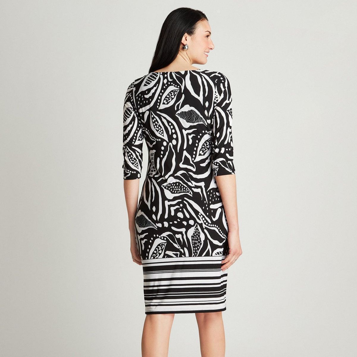 LORENZO DI PONTTI - Vestido Midi Negro Manga 3/4 Estampado Cuello Redondo