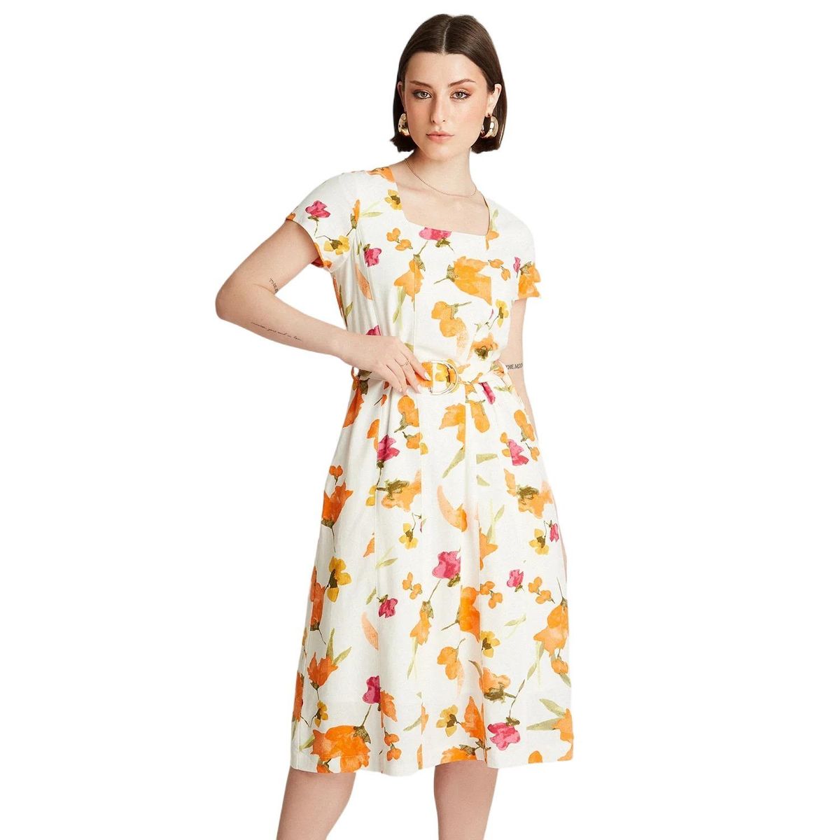 LORENZO DI PONTTI - Vestido Midi Naranjo Manga Corta Estampado Cuello Cuadrado