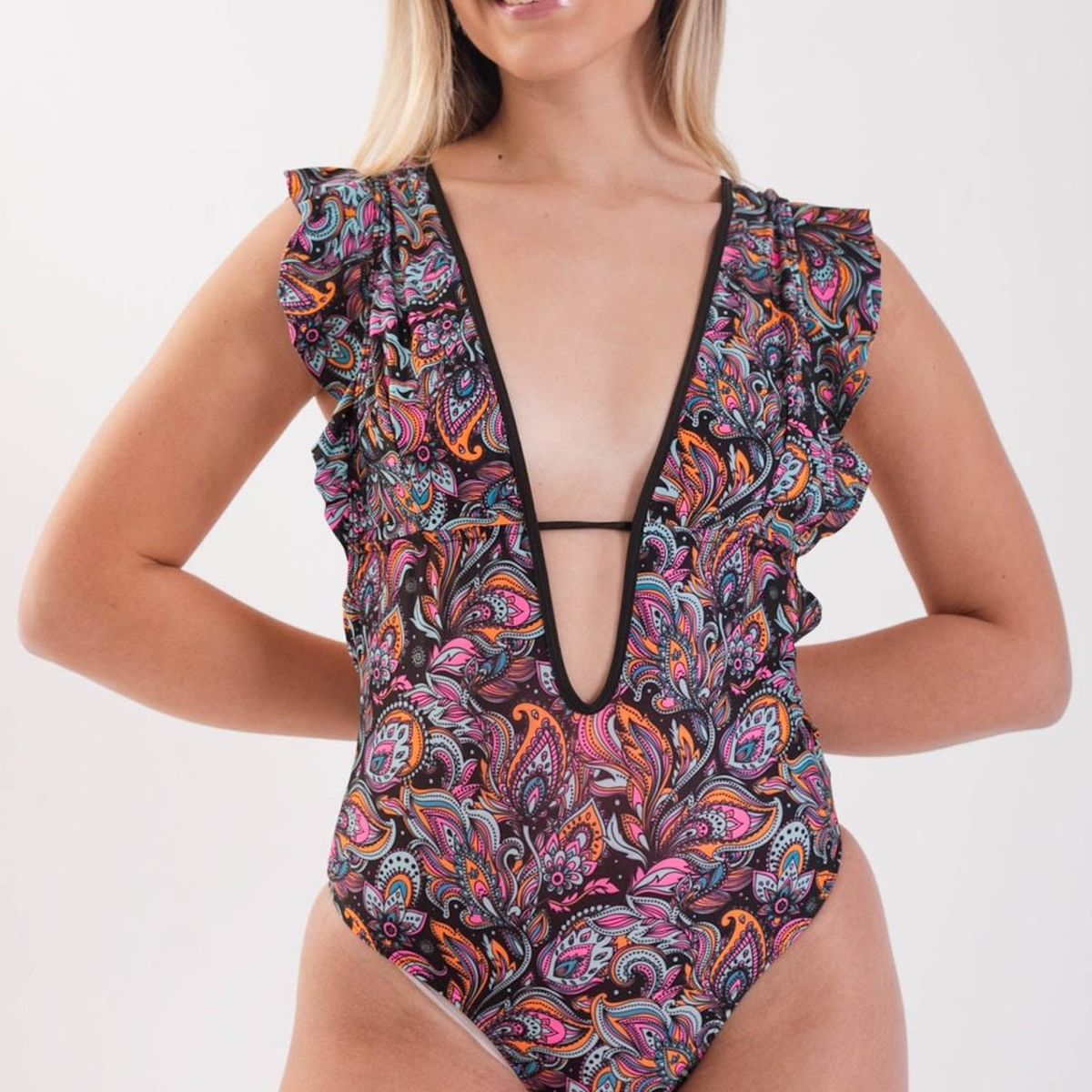 DAIKIRI BIKINIS - Daikiri Traje de Baño Mujer Negro Estampado Control Abdomen Deportivo Protección UV 50+