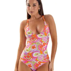 DAIKIRI BIKINIS - Daikiri Traje de Baño Mujer Naranjo Estampado Control Abdomen Culote Protección UV 50+