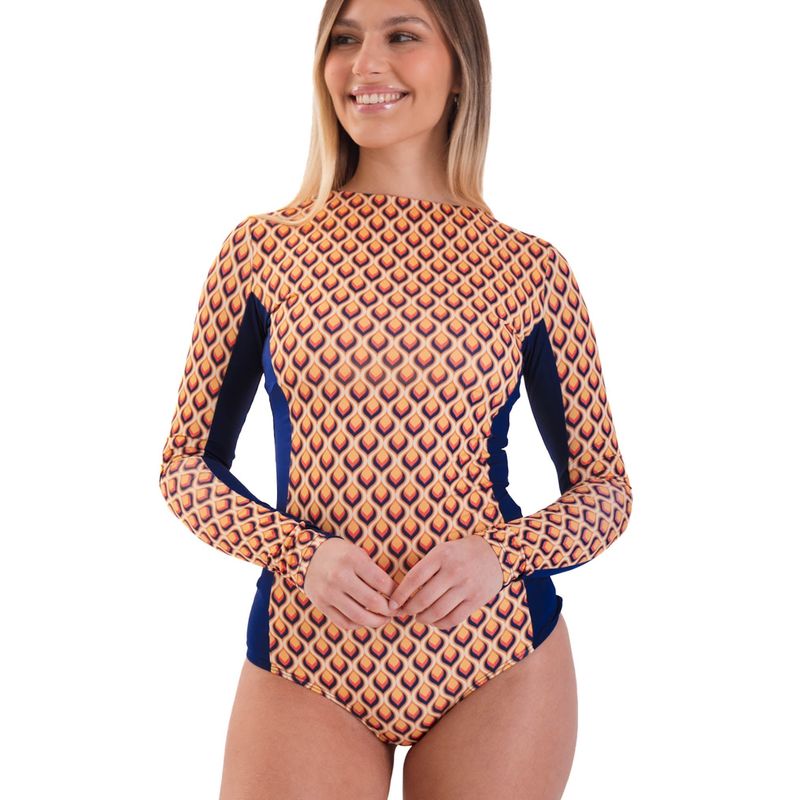 DAIKIRI BIKINIS - Daikiri Traje de Baño Surf Mujer Crema Estampado Manga Larga Deportivo Protección UV 50+