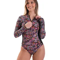 DAIKIRI BIKINIS - Daikiri Traje de Baño Surf Mujer Negro Estampado Manga Larga Deportivo Protección UV 50+