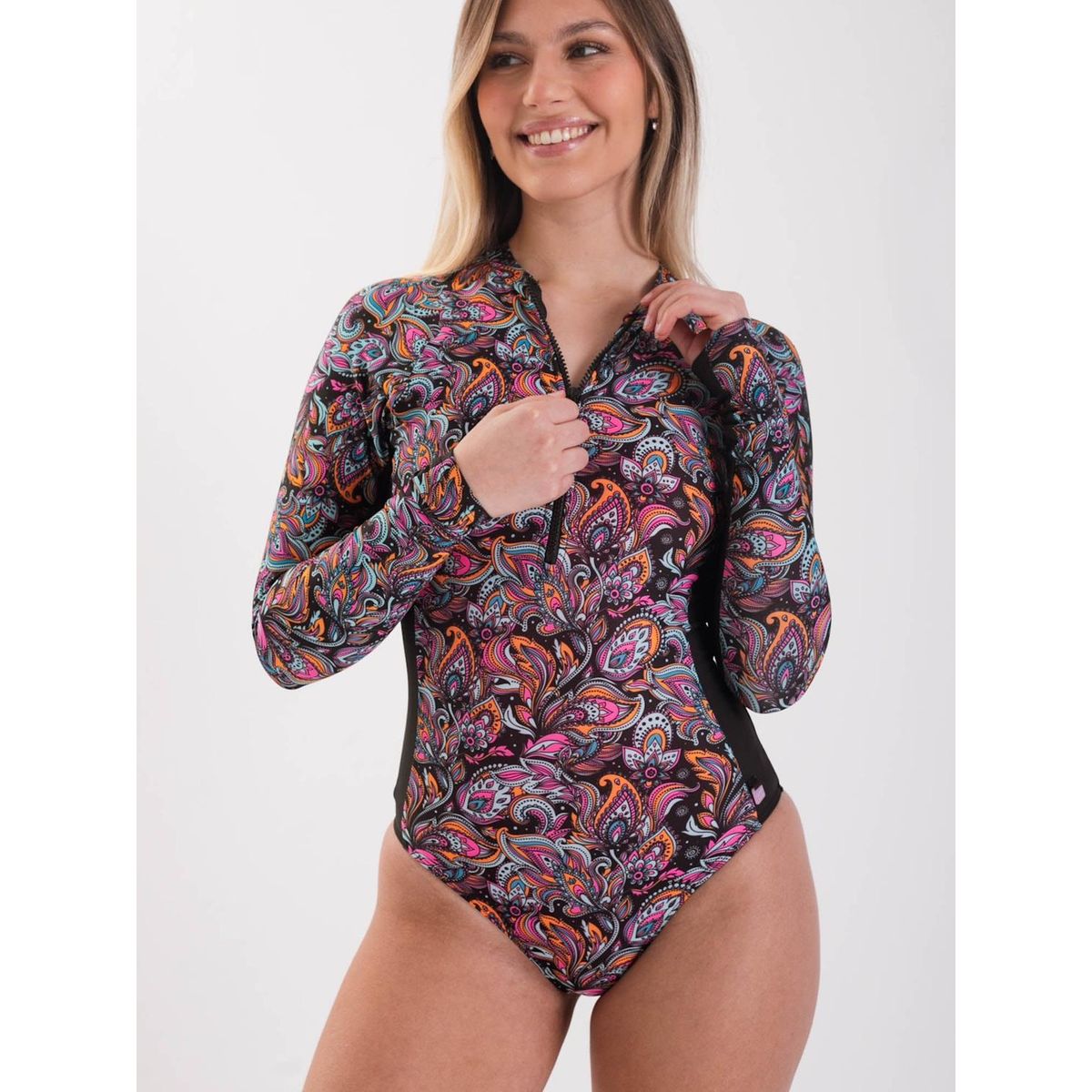 DAIKIRI BIKINIS - Daikiri Traje de Baño Surf Mujer Negro Estampado Manga Larga Deportivo Protección UV 50+