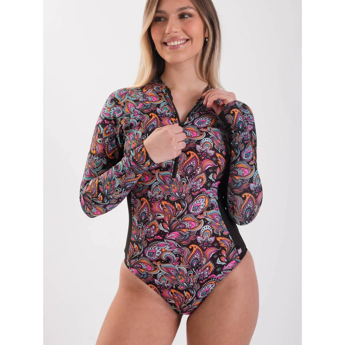 DAIKIRI BIKINIS - Daikiri Traje de Baño Surf Mujer Negro Estampado Manga Larga Deportivo Protección UV 50+