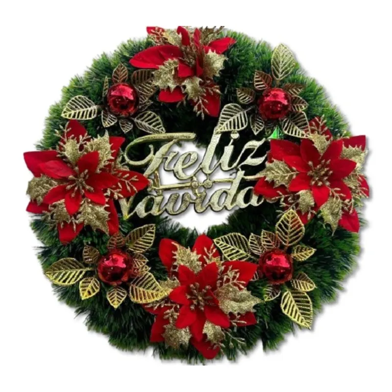 GENERICO - CORONA NAVIDEÑA CON LUCES LED GIRNALDA DE 40CM VERDE FLOR DORADA WYM