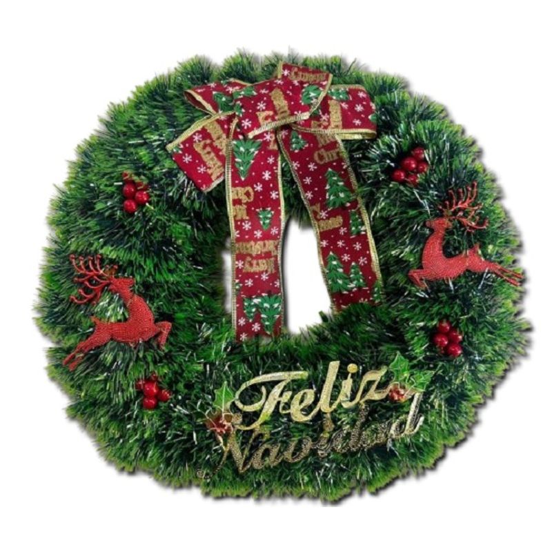 GENERICO - CORONA NAVIDEÑA CON LUCES LED GIRNALDA DE 40CM VERDE RENO WYM