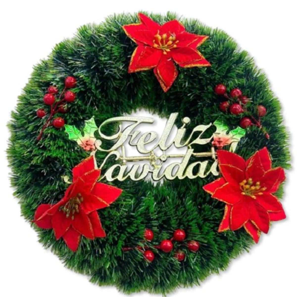 GENERICO - CORONA NAVIDEÑA GIRNALDA CON LUCES LED DE 40CM VERDE FLOR ROJA WYM