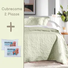 DECOMONDO - Pack Quilt Altenburg Sweet 2 Plazas Verde Brisa + 2 Almohadas Cotton
