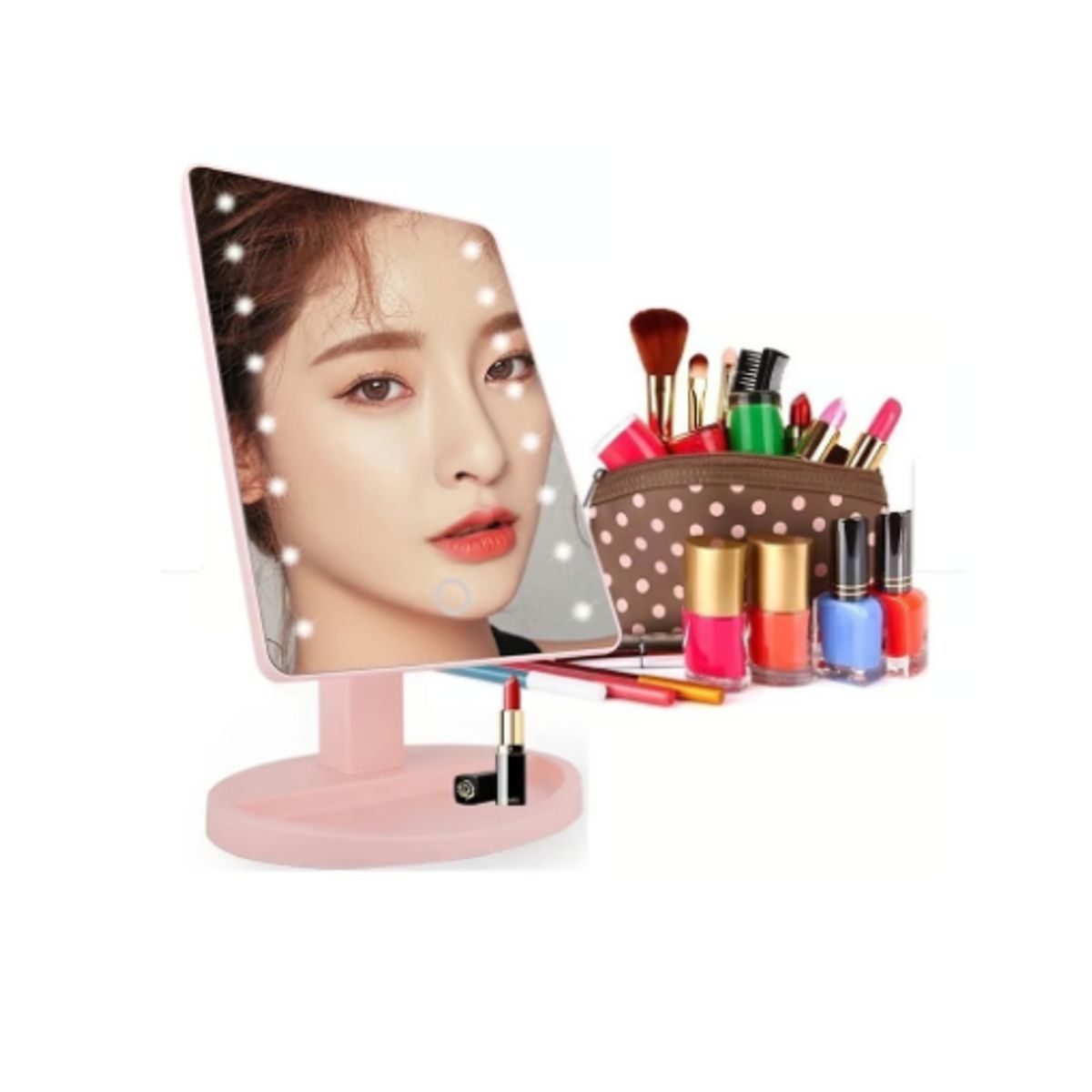 GENERICO - Espejo 16 Luz Led Tactil Maquillaje Usb Portatil Giratorio Rosado.