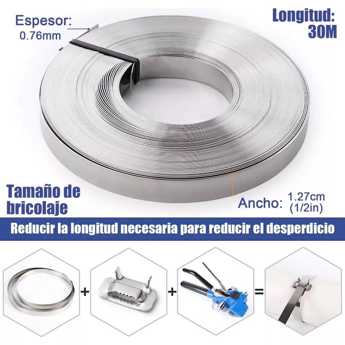 KUANGYE - Rollo De Flejado Cinta O Fleje Acero Inoxidable 1/2 X 30 Mts