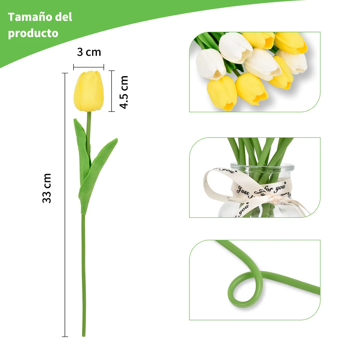 YAYKO - Ramos de Tulipán Artificial para Decoración, 10 Unidades con Jarrón