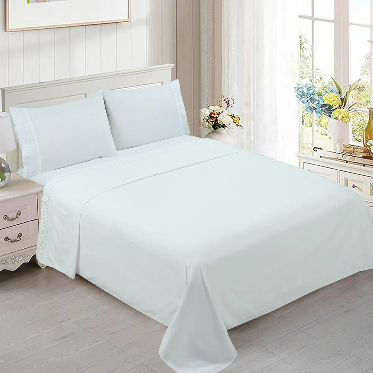 GENERICO - Juego de Sábana Bordadas 2 Plazas. Color Blanco