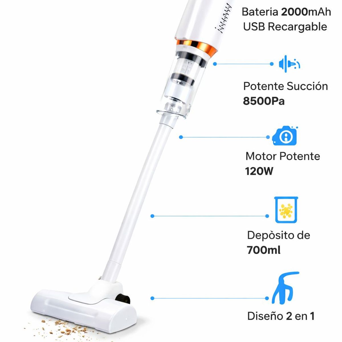 GENERICO - Aspiradora Vertical Inalambrica 2 en 1 120W 8500Pa USB Recargable  Potente Ligera y Portatil