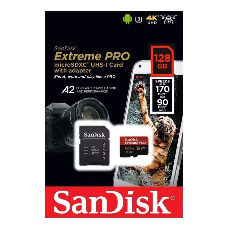 SANDISK - Tarjeta MicroSD SanDisk Extreme Pro 128GB con Adaptador SD - Negro