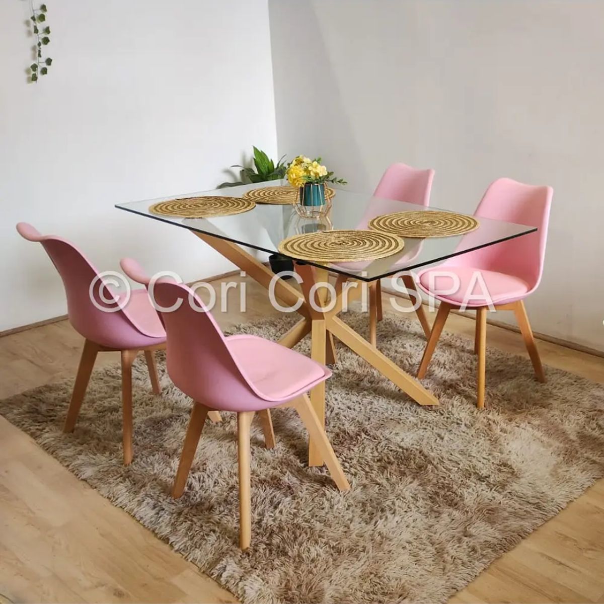 CORI CORI - Comedor Madrid Vidrio 140x80cm + 4 Sillas tulip Rosa…