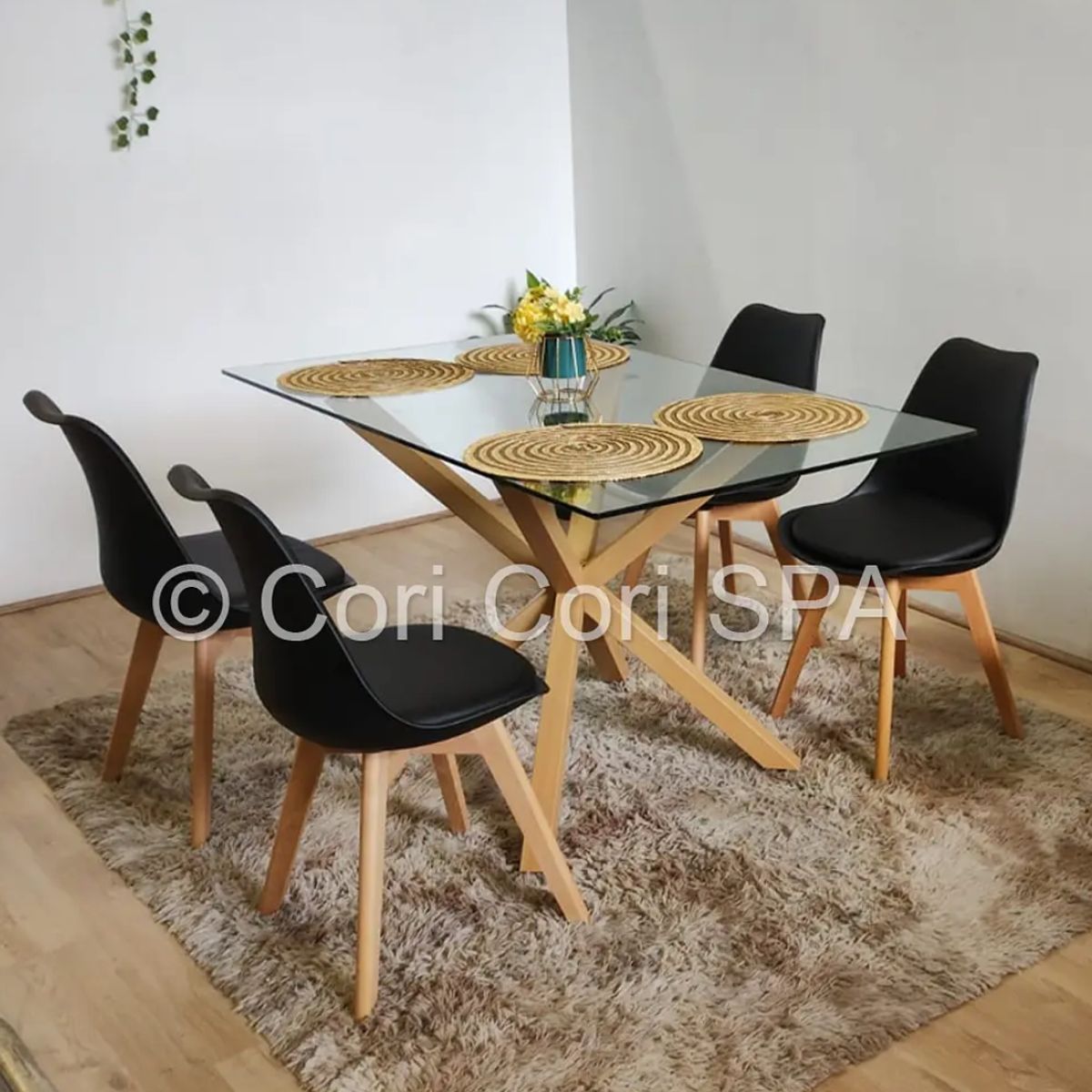 CORI CORI - Comedor Madrid Vidrio 140x80cm + 4 Sillas tulip Negra