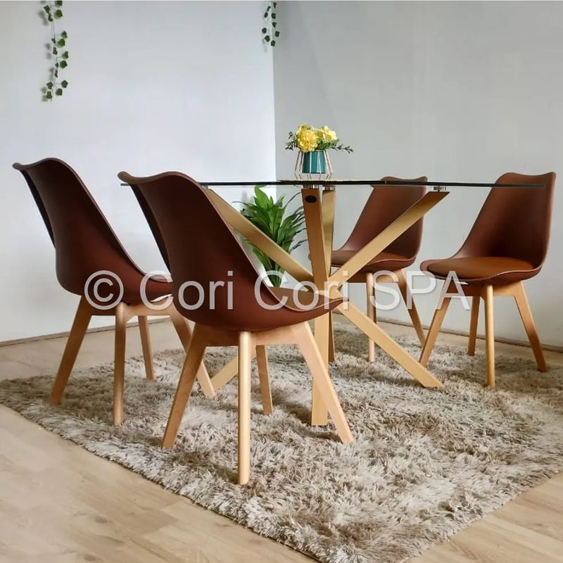 CORI CORI - Comedor Madrid Vidrio 140x80cm + 4 Sillas Tulip Chocolate