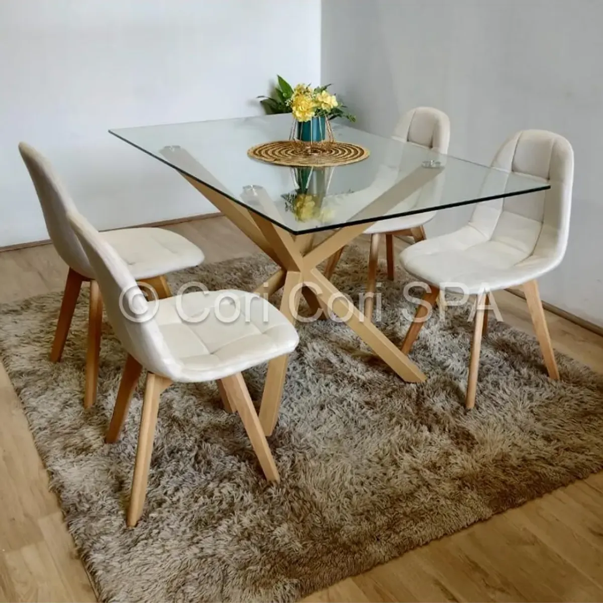 CORI CORI - Comedor Madrid Vidrio 140x80cm + 4 Sillas Capitonne Velvet Beige