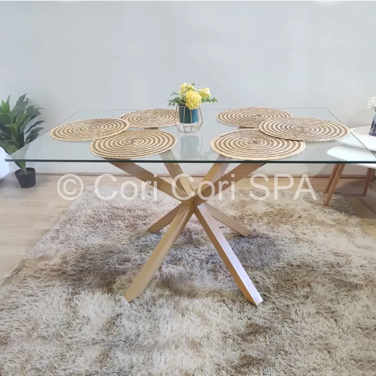 CORI CORI - Comedor Madrid Vidrio 140x80cm + 4 Sillas Capitonne Velvet Beige