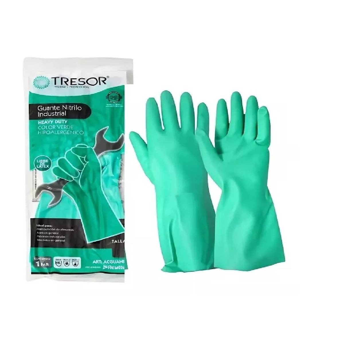 GENERICO - Guante De Aseo Nitrilo Flocado Verde Tresor Bolsa X 1 Par XL
