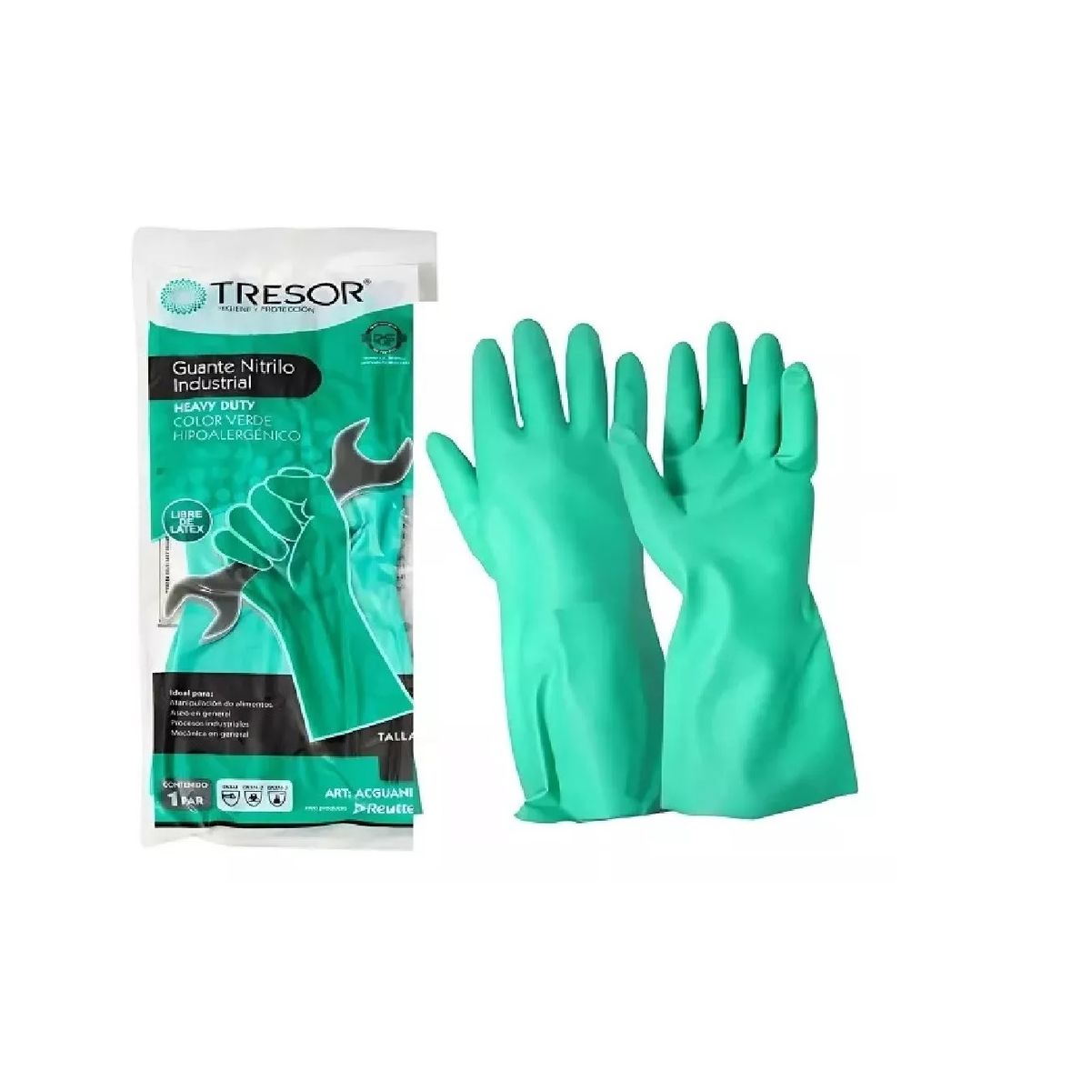 GENERICO - Guante De Aseo Nitrilo Flocado Verde Tresor Bolsa X 1 Par L