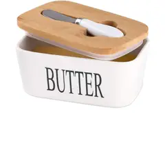 GENERICO - Mantequillero Cerámica Color Blanco Tapa Bamboo + Cuchillo- Hogar