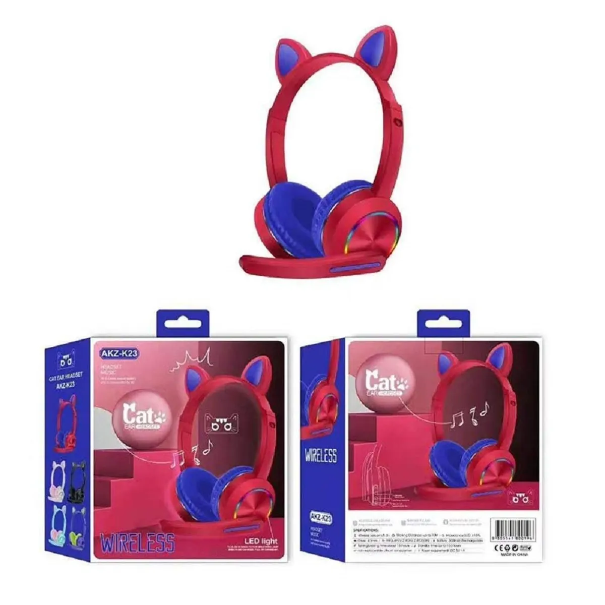 GENERICO - Audífonos Cat Ear Con Micrófono y Luz LED AKZ-020 Rojos
