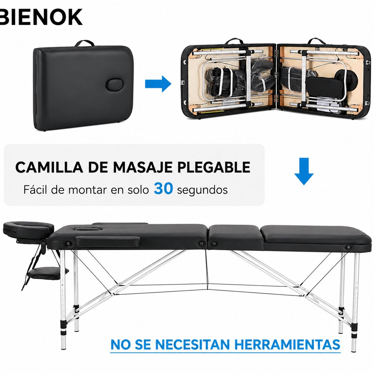 GENERICO - Camilla Masaje 3 Cuerpos Portatil Madera Color Negro