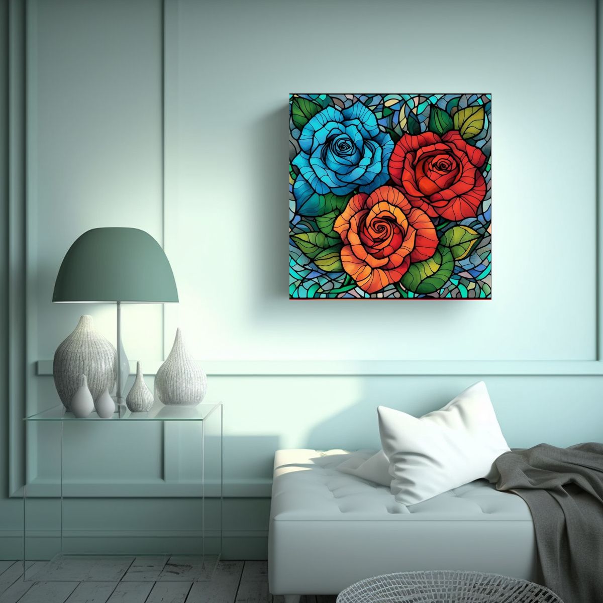 GENERICO - Diseño Boho De Rosas Vidriera En Lienzo De 60x60 Cm